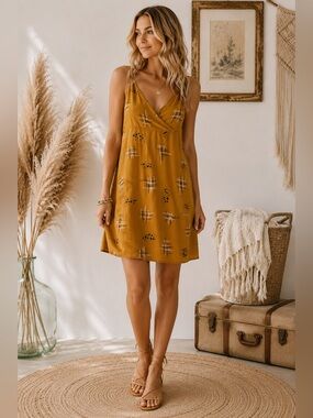 Mustard Sleeveless V-Neck Mini Dress with Subtle Print
